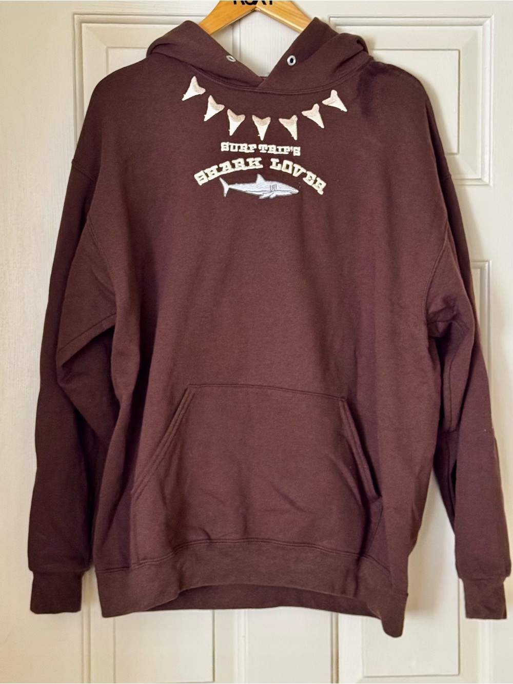Surf Trip Supply Shark Embroidered Hoodie Brown